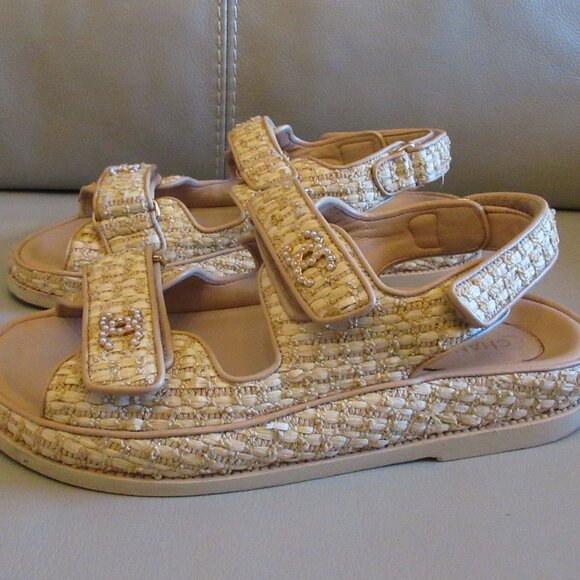Chanel Tweed/Straw/Rattan Dad Sandals - Picture 7 of 11